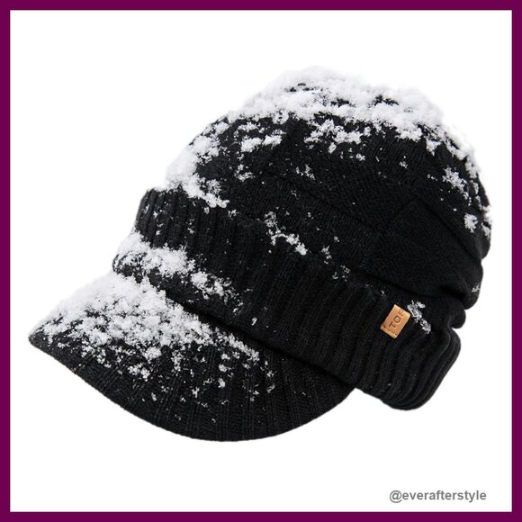 Merino Wool Blend Winter Beanie with Brim Visor Fleece Lined Waterproof